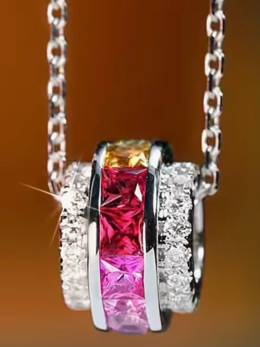 Multi-Color Ring Silver Pendant Necklace with Purple/Blue/Pink Cubic Zirconias - Picture 5 of 11